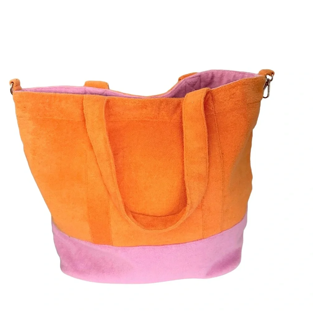 Echo Terry Rocker Large‎ Beach Tote Bag Orange Pink Color-Blocked Casual Roomy - Picture 3 of 12
